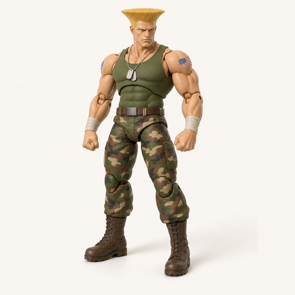 Guile 1/12 scale articulated action figure — front three-quarter view, blond flat-top soldier in green tank top, dog-tag chain, US-flag shoulder patches, camouflage trousers, bandaged forearms, visible ball joints.