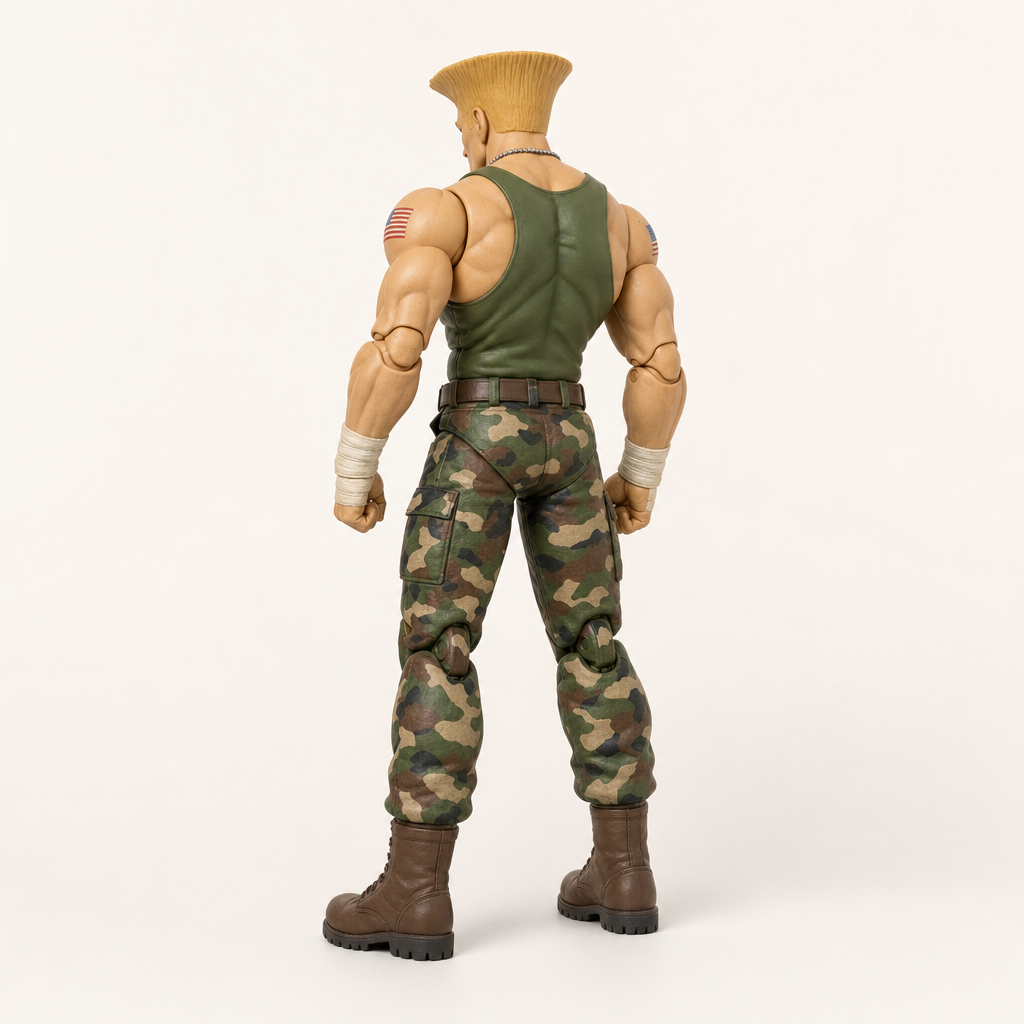 Guile 1/12 scale articulated action figure — rear three-quarter view, back musculature and blond flat-top, same green tank top and camouflage trousers, matte ABS/PVC sculpt.