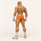 Sagat 1/12 scale articulated action figure — rear three-quarter view, back musculature and bald head, same orange-and-gold shorts and matte ABS/PVC sculpt.