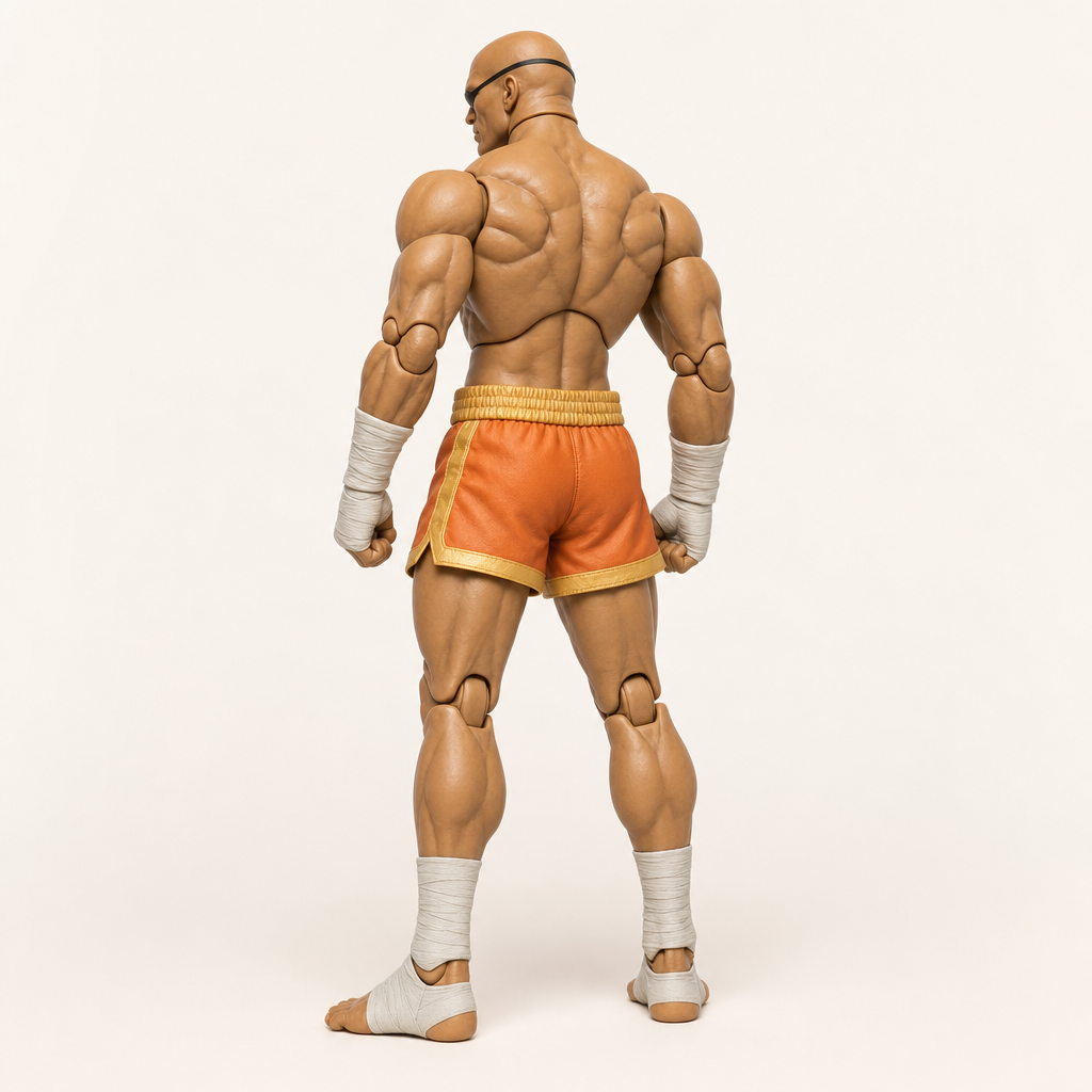 Sagat 1/12 scale articulated action figure — rear three-quarter view, back musculature and bald head, same orange-and-gold shorts and matte ABS/PVC sculpt.