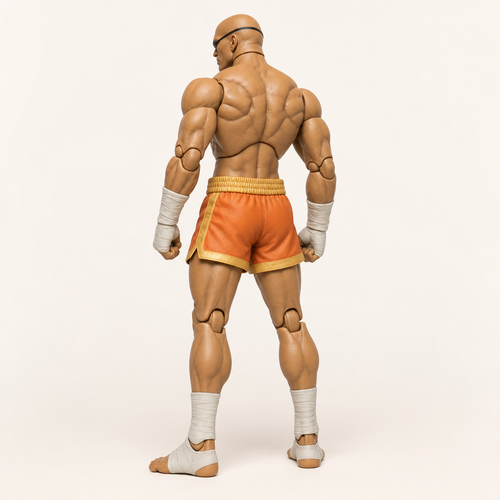 Sagat 1/12 scale articulated action figure — rear three-quarter view, back musculature and bald head, same orange-and-gold shorts and matte ABS/PVC sculpt.