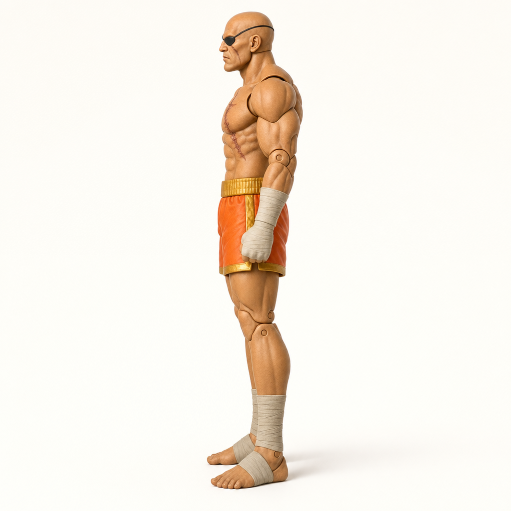 Sagat 1/12 scale articulated action figure — side profile, full 16 cm height silhouette, articulated joints, eyepatch and chest scar in profile.
