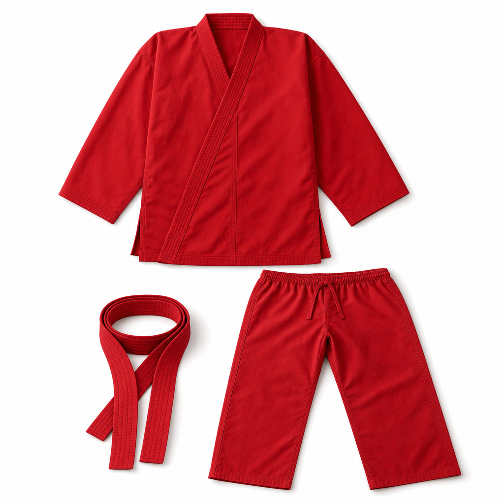Ken Gi (Cosplay) — Red colourway: editorial flat-lay of wrap top, trousers, and obi belt