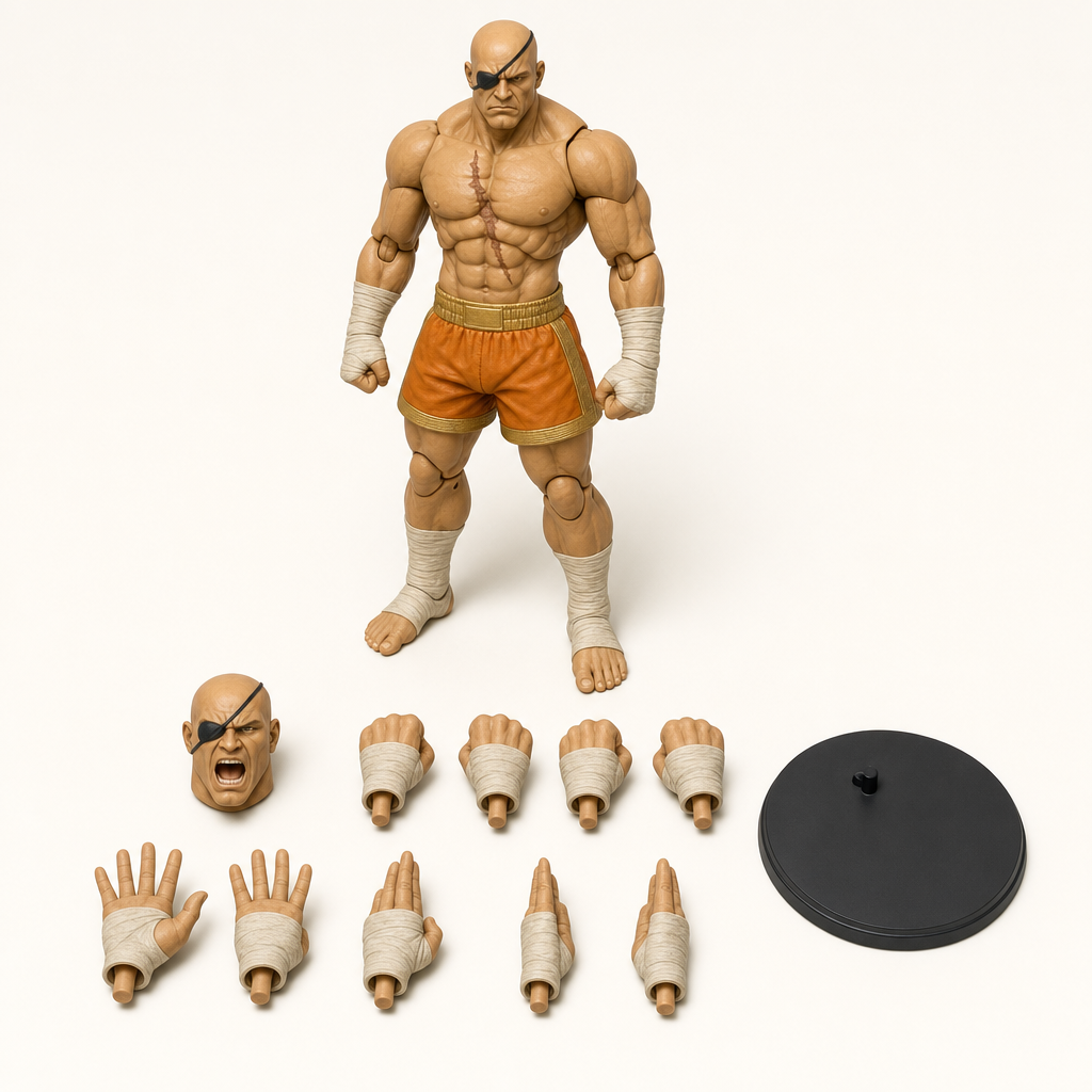 Sagat 1/12 scale articulated action figure — accessories detail, alternate hands, shout-expression head and display base laid out on the studio surface.